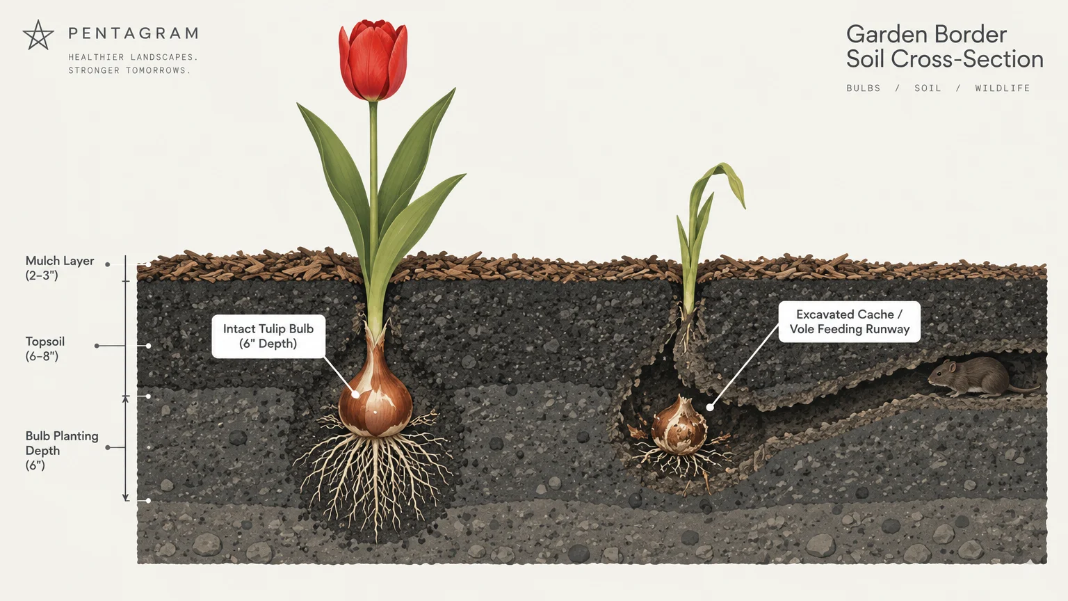 Cross-section diagram of garden soil comparing an intact tulip bulb with a chewed bulb inside a vole tunnel.