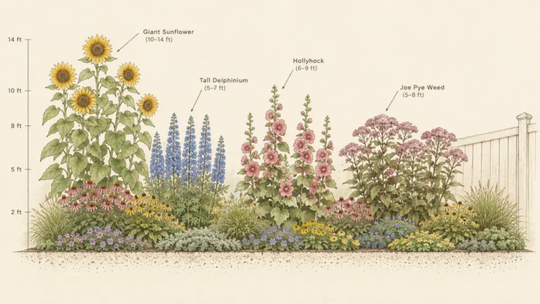 Diagram showing garden border plant heights from 2 to 14 feet, including sunflowers, delphiniums, hollyhocks, and Joe Pye weed.