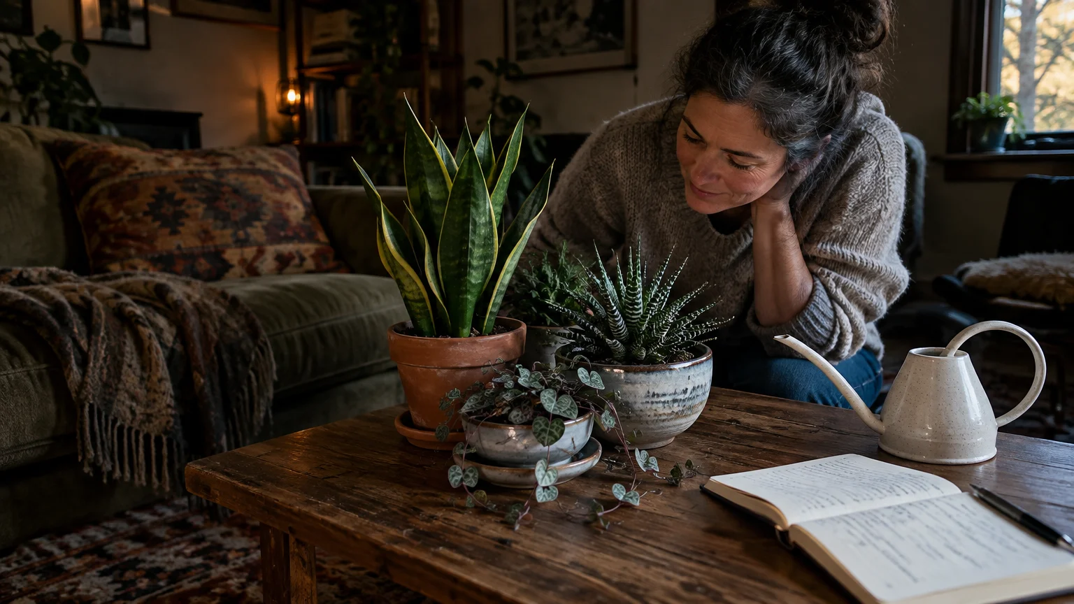 A woman gazes at potted succulents on a wooden coffee table next to a notebook and small watering can.