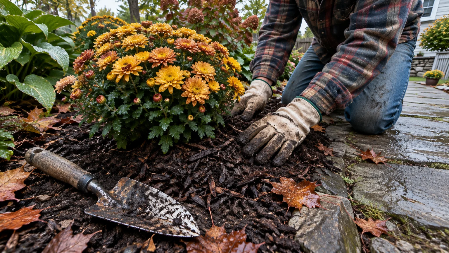 Person kneeling on stone walkway spreading dark mulch around a blooming yellow mum plant with a trowel nearby.