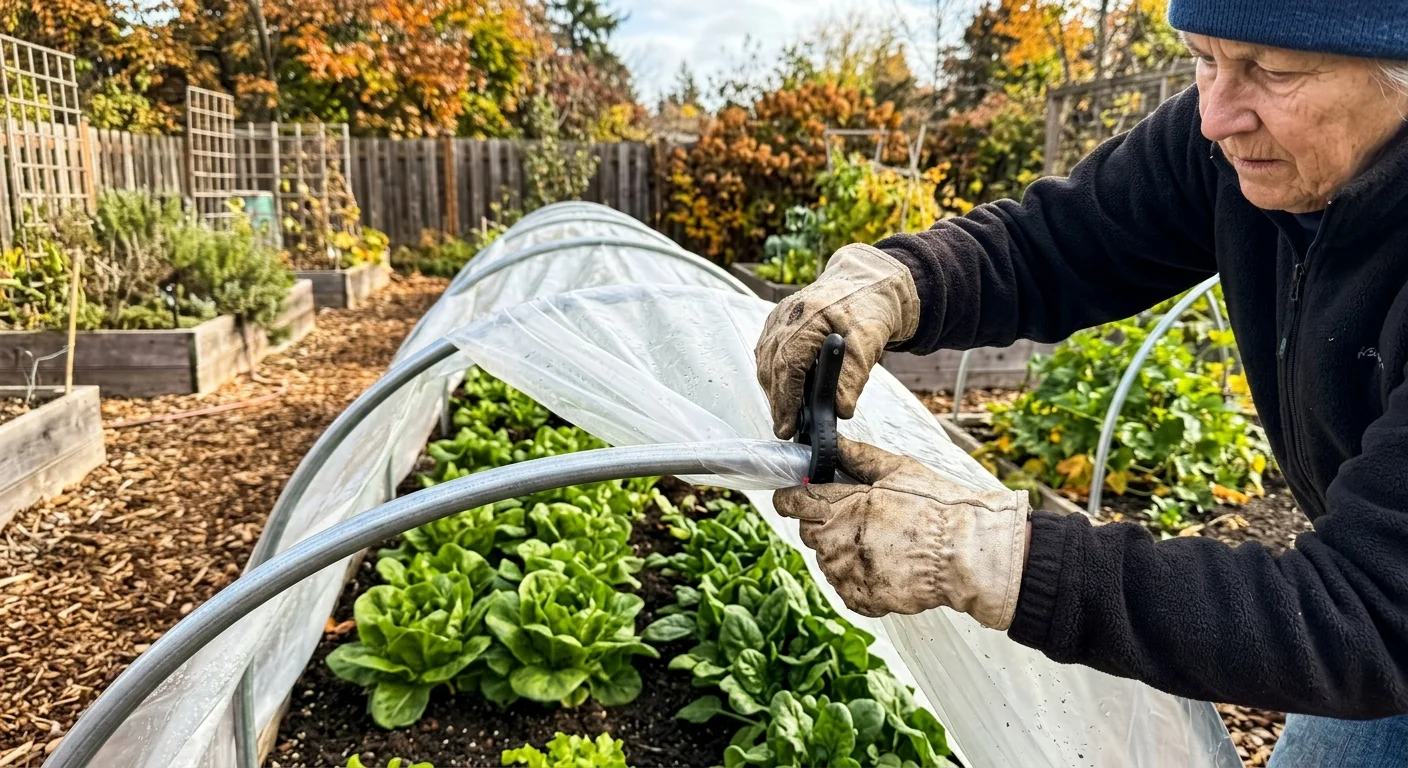 A gardener clamps clear plastic sheeting onto a metal pipe frame covering leafy greens in a raised garden bed.