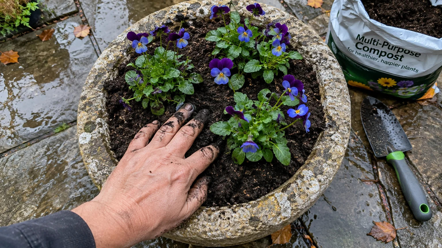 A hand presses soil around purple violas in a stone planter next to a garden trowel and open bag of compost.