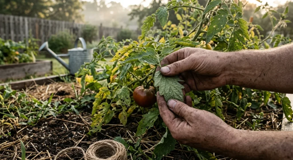 Dirty hands inspect a tomato plant's green leaf in a raised garden bed with a watering can in the background.