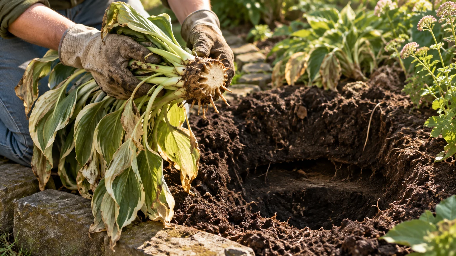 Gloved hands hold a wilted hosta with severed roots just lifted cleanly from a hole in a garden bed.