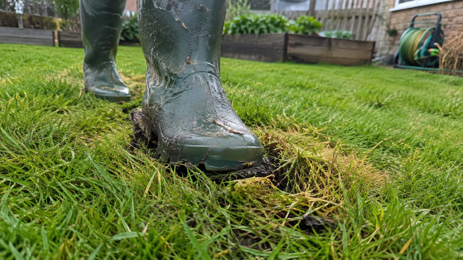 Green muddy rubber boots stepping onto a lawn, sinking into soft, indented turf and soil.