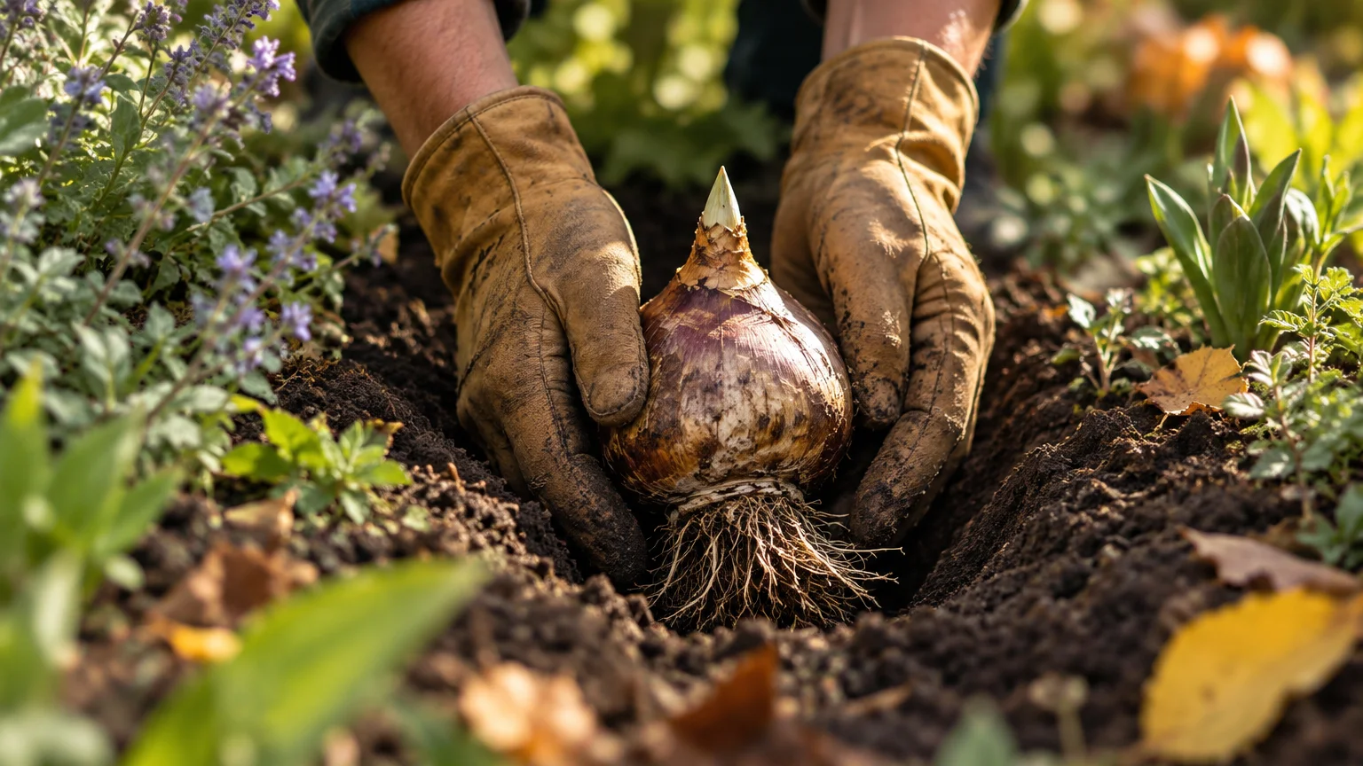 Gloved hands planting a large flower bulb upright into a trench of dark soil in a garden.