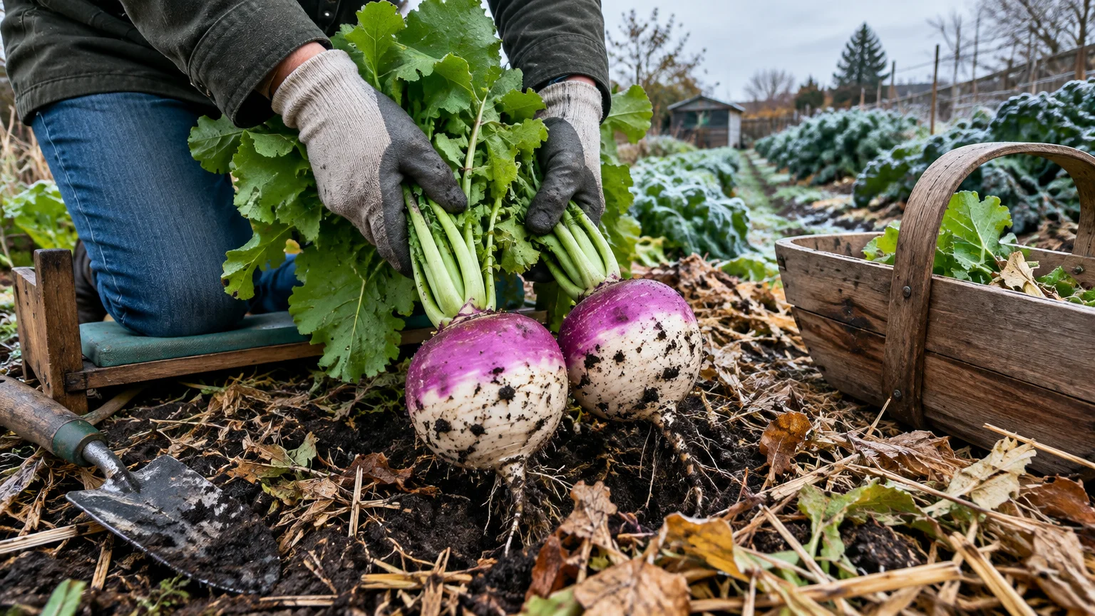 Gloved hands harvesting two freshly pulled purple top turnips from frosty garden soil next to a trowel and wooden basket.