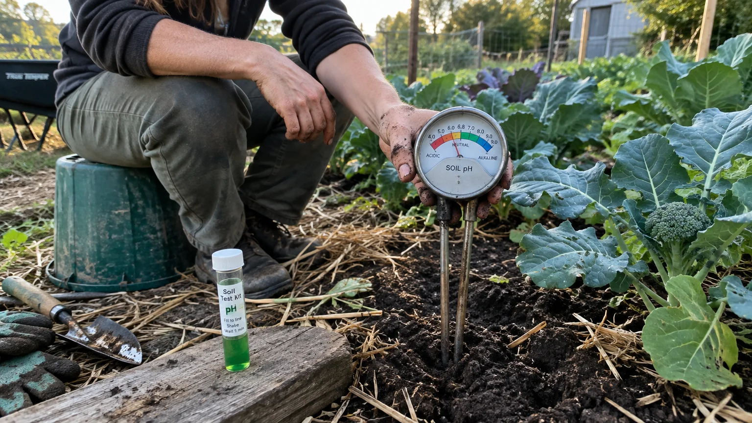 A gardener holds a dual-probe soil pH meter in garden soil next to growing broccoli plants and a chemical test vial.