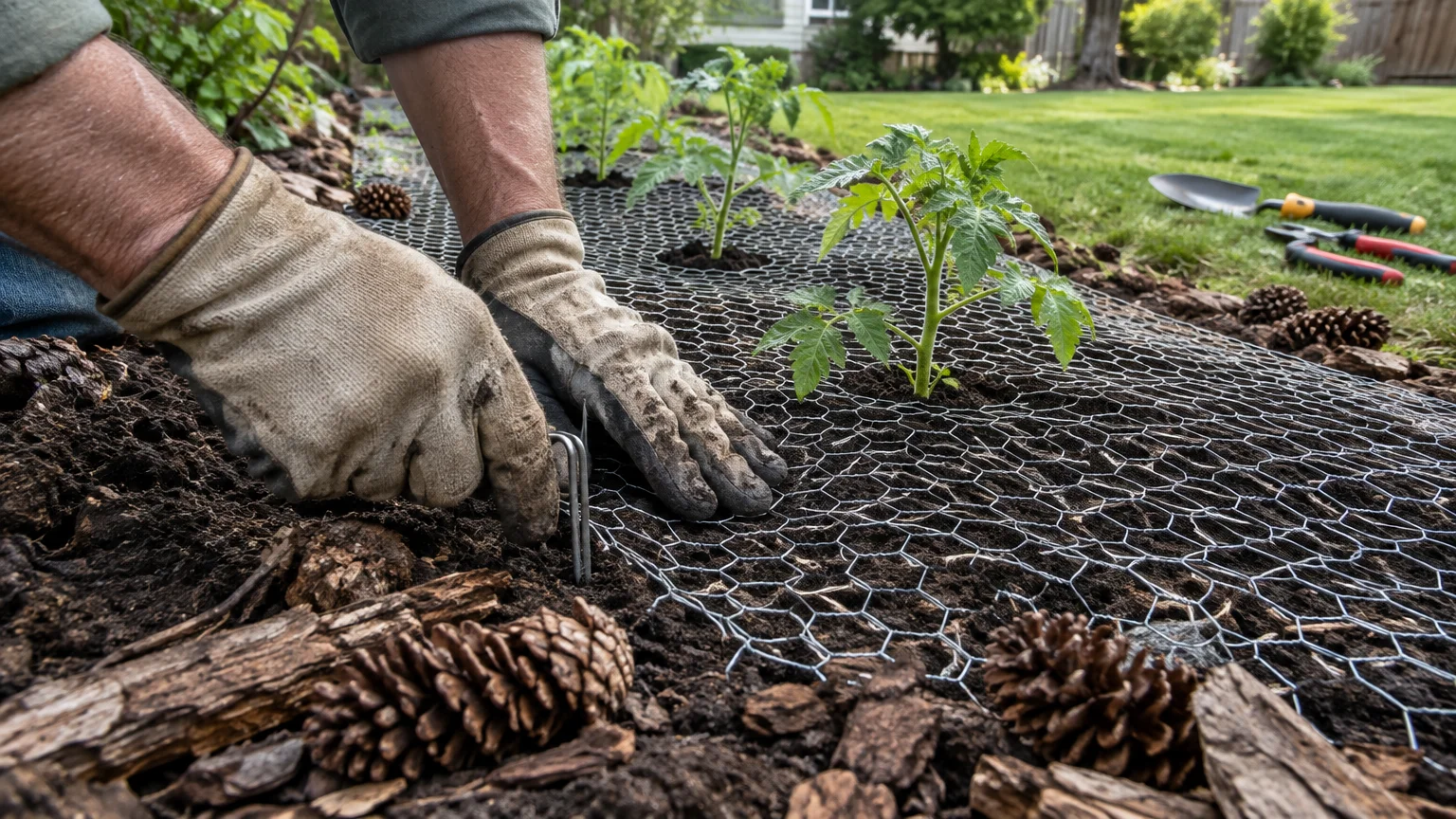 Gloved hands pinning chicken wire over garden soil around young plants using a metal landscape staple.