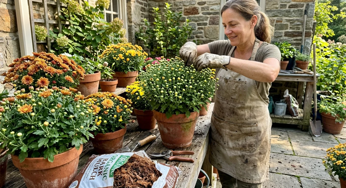 A woman wearing gloves tends to potted chrysanthemums on an outdoor wooden table surrounded by autumn blooming flowers.