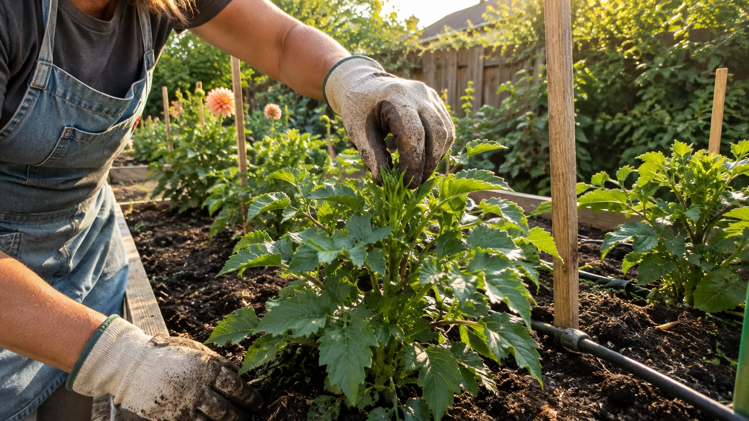 A gloved gardener pinching the top shoot of a young green dahlia plant growing in a raised garden bed.