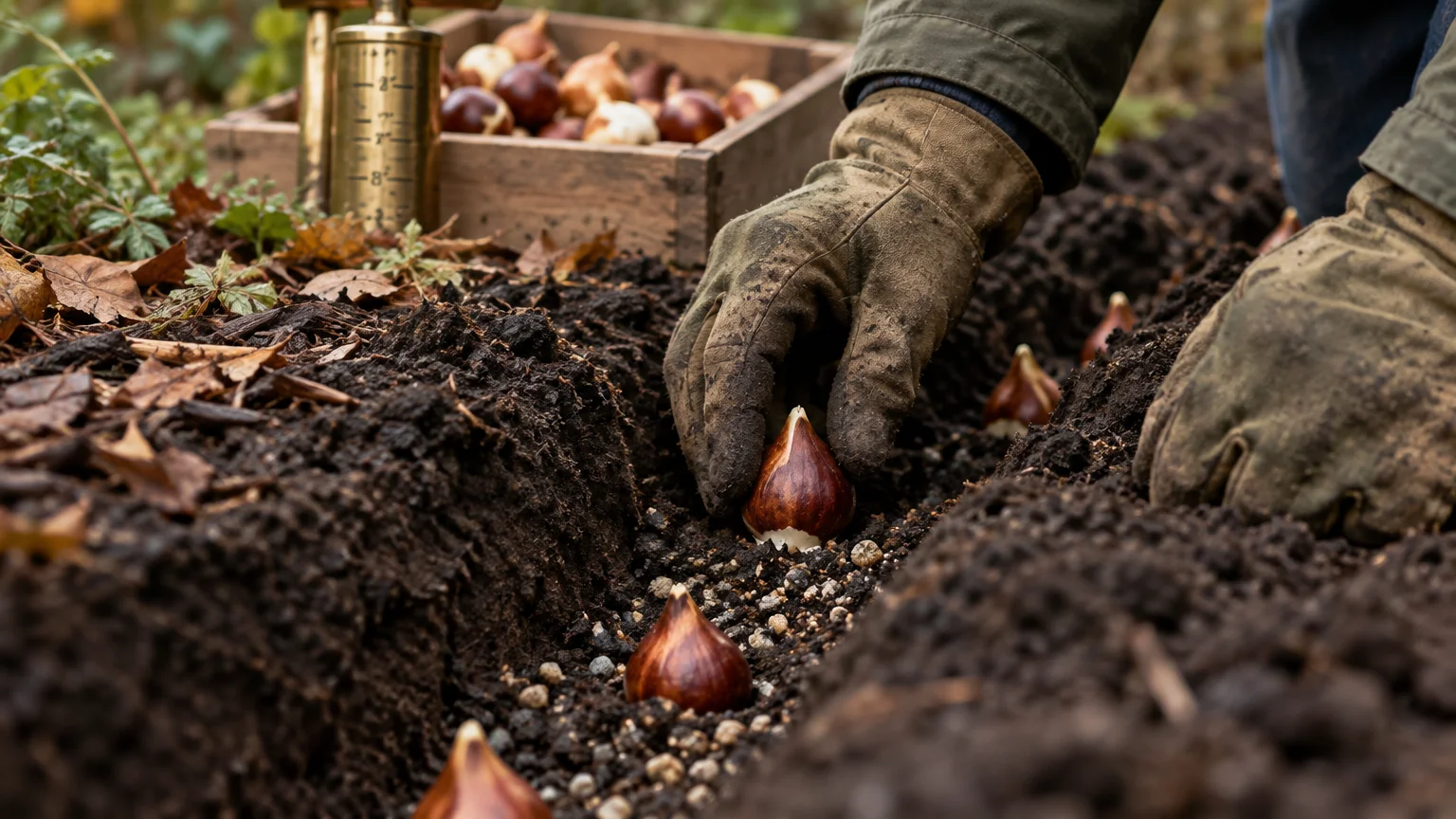 A gloved hand plants brown tulip bulbs into a prepared soil trench next to a crate of bulbs and a planting tool.