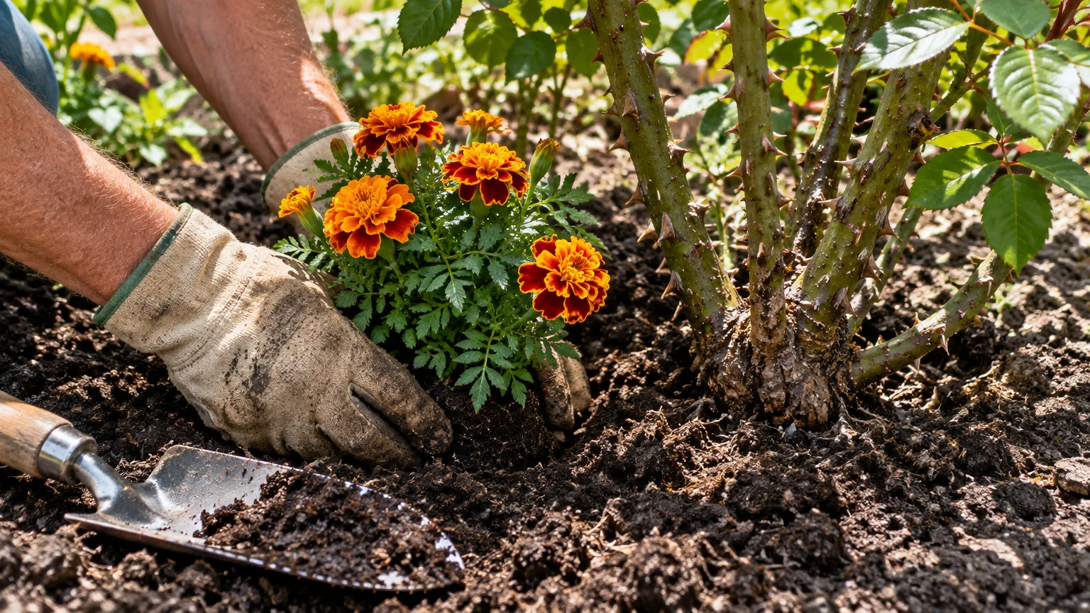Gloved hands planting blooming orange and yellow French marigolds into dark soil beside thorny rose bush canes.