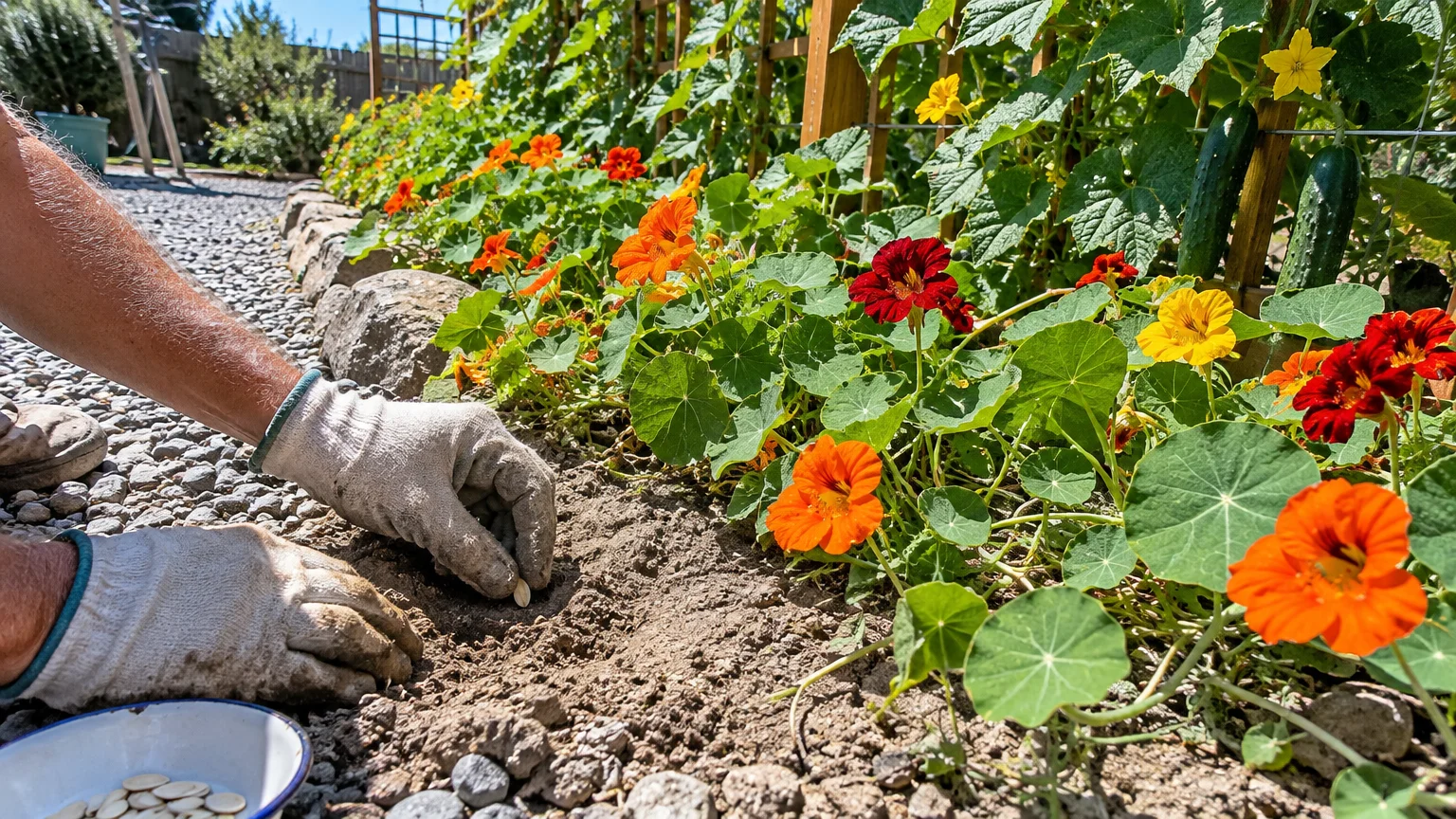 Gloved hands planting seeds in dry garden soil next to blooming orange, red, and yellow nasturtiums along a gravel path.