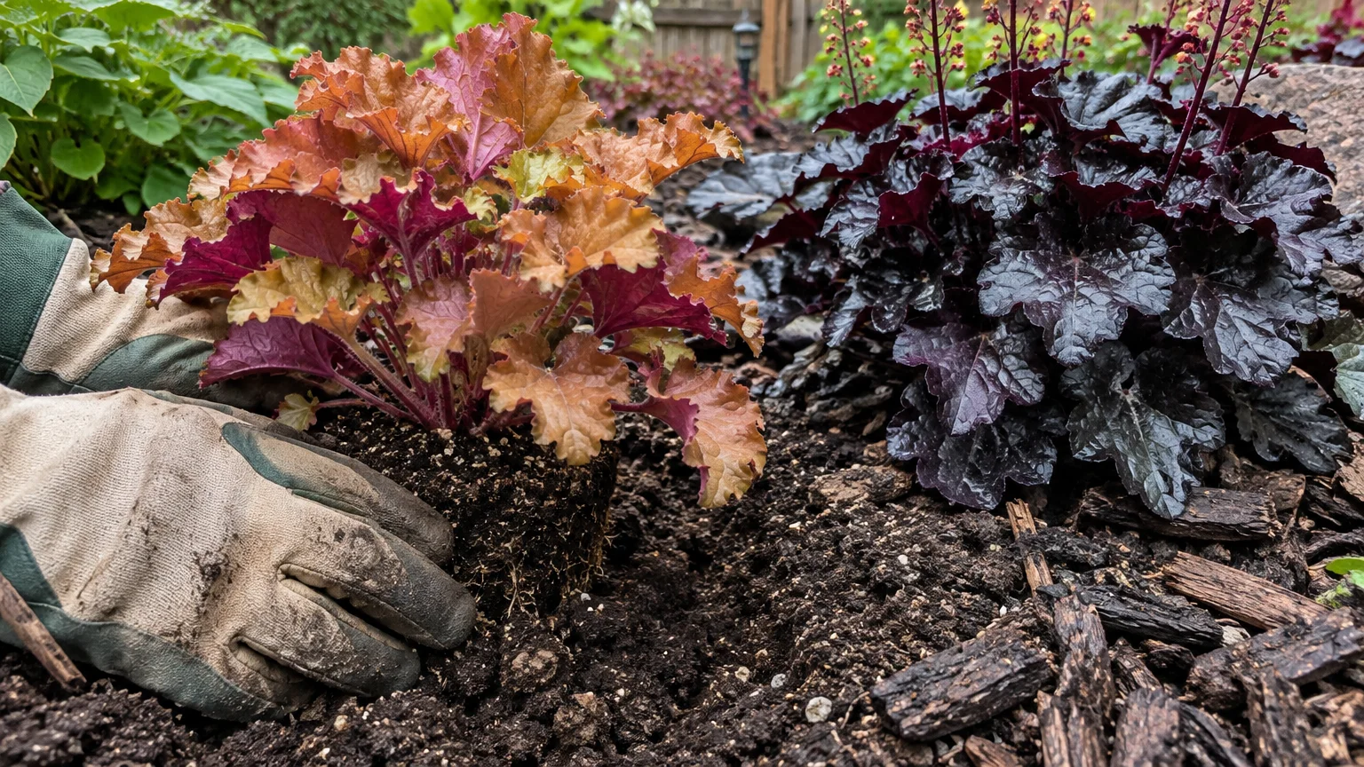 Gloved hands planting an amber and raspberry coral bell plant in garden soil next to a dark purple heuchera.