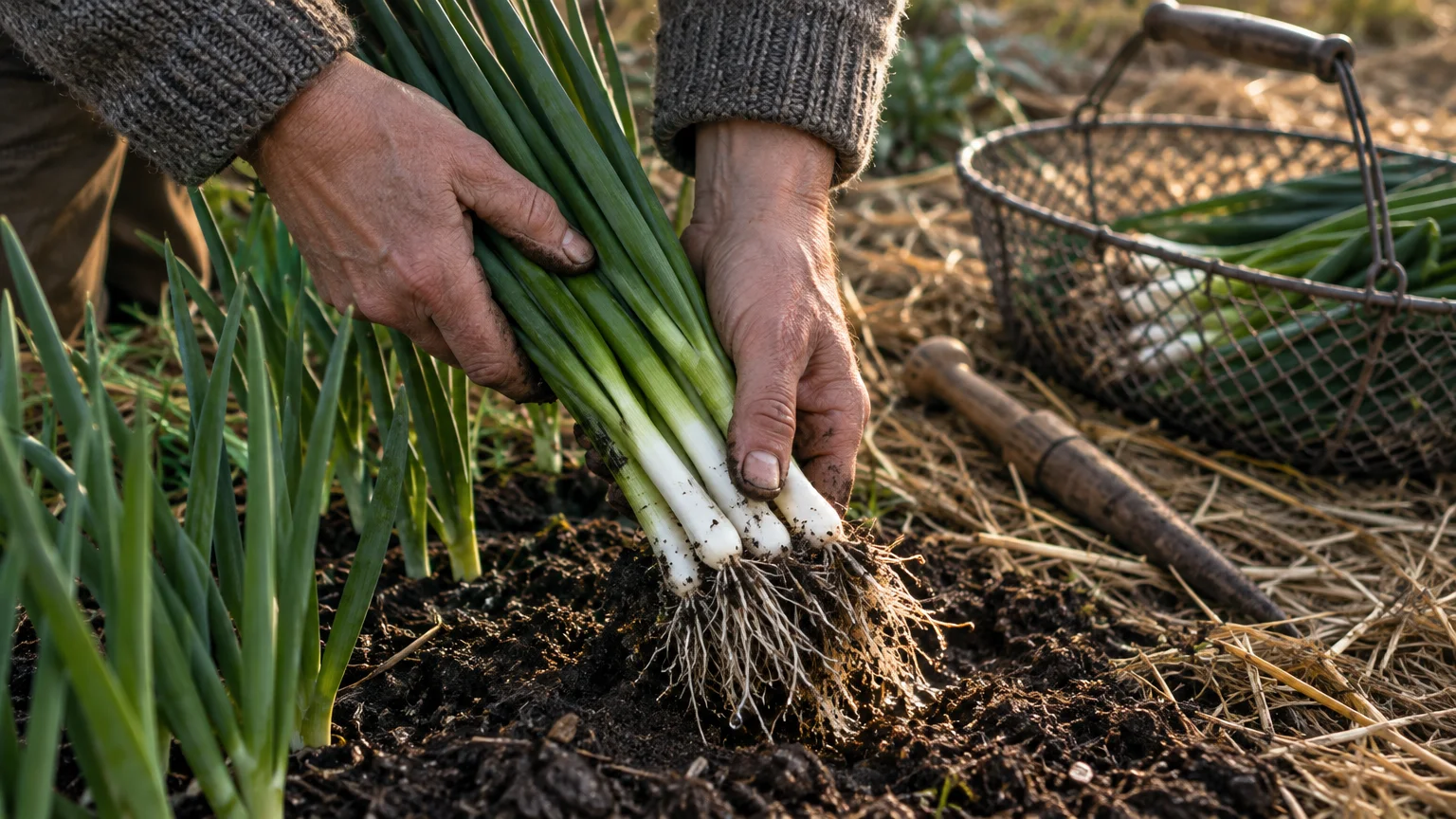 A gardener's hands pulling freshly harvested bunching onions with soil-covered roots from a garden bed.