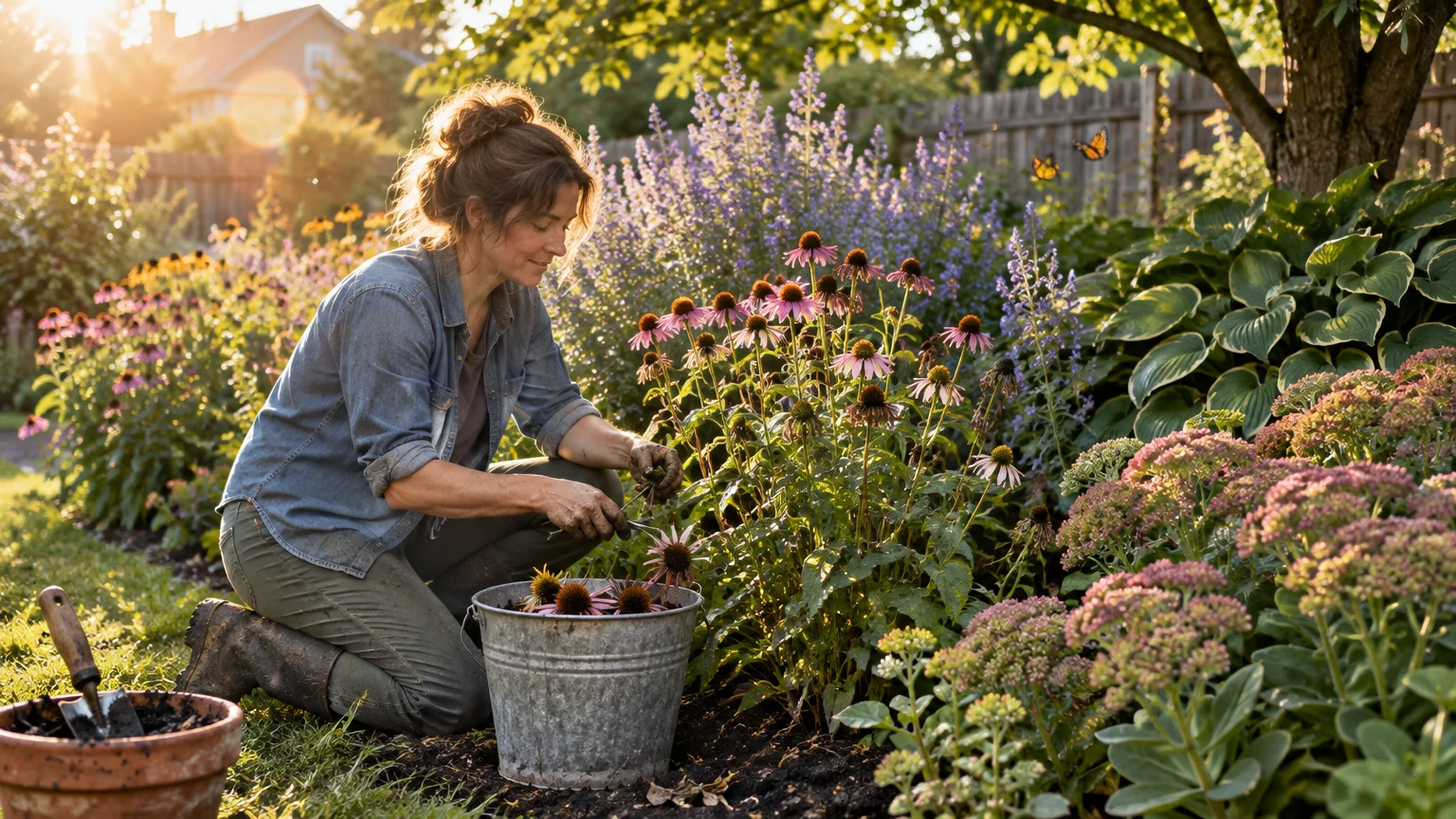 A woman kneels in a lush, sunlit flower garden tending to purple coneflowers next to a metal bucket.