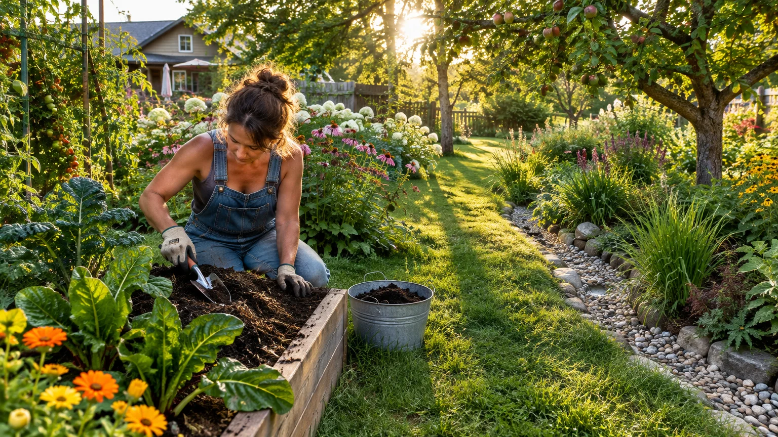 A woman kneeling by a wooden raised garden bed works the soil beside a rock swale and lush backyard garden.