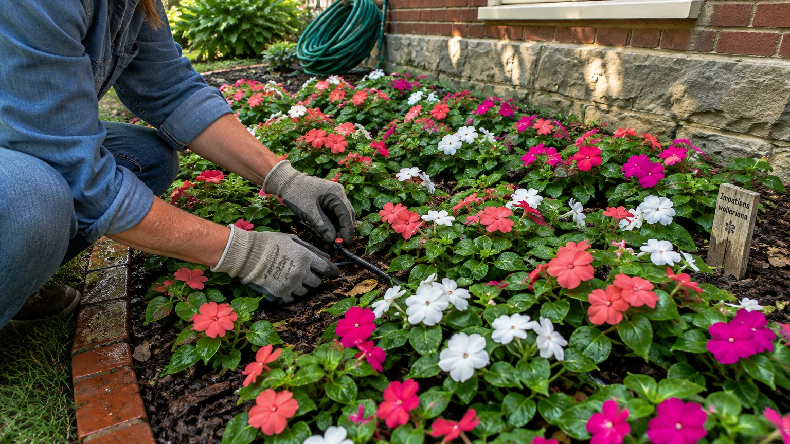 A gardener wearing work gloves adjusts a drip irrigation line in a flowerbed of colorful blooming impatiens.