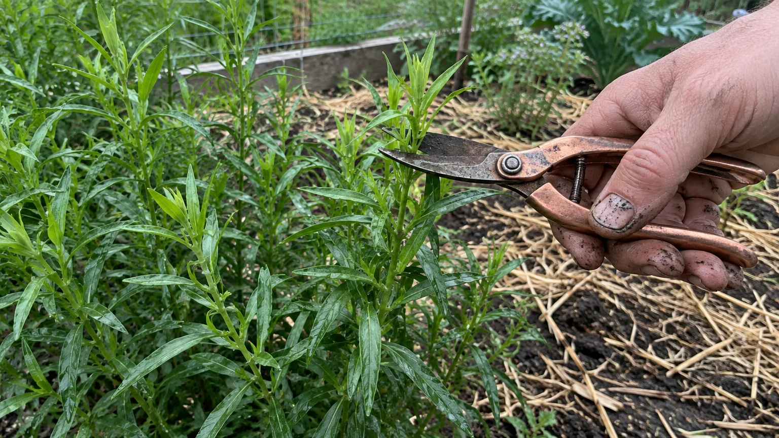 A gardener's hand uses copper shears to snip the leafy green stem of a tarragon plant growing in a garden bed.
