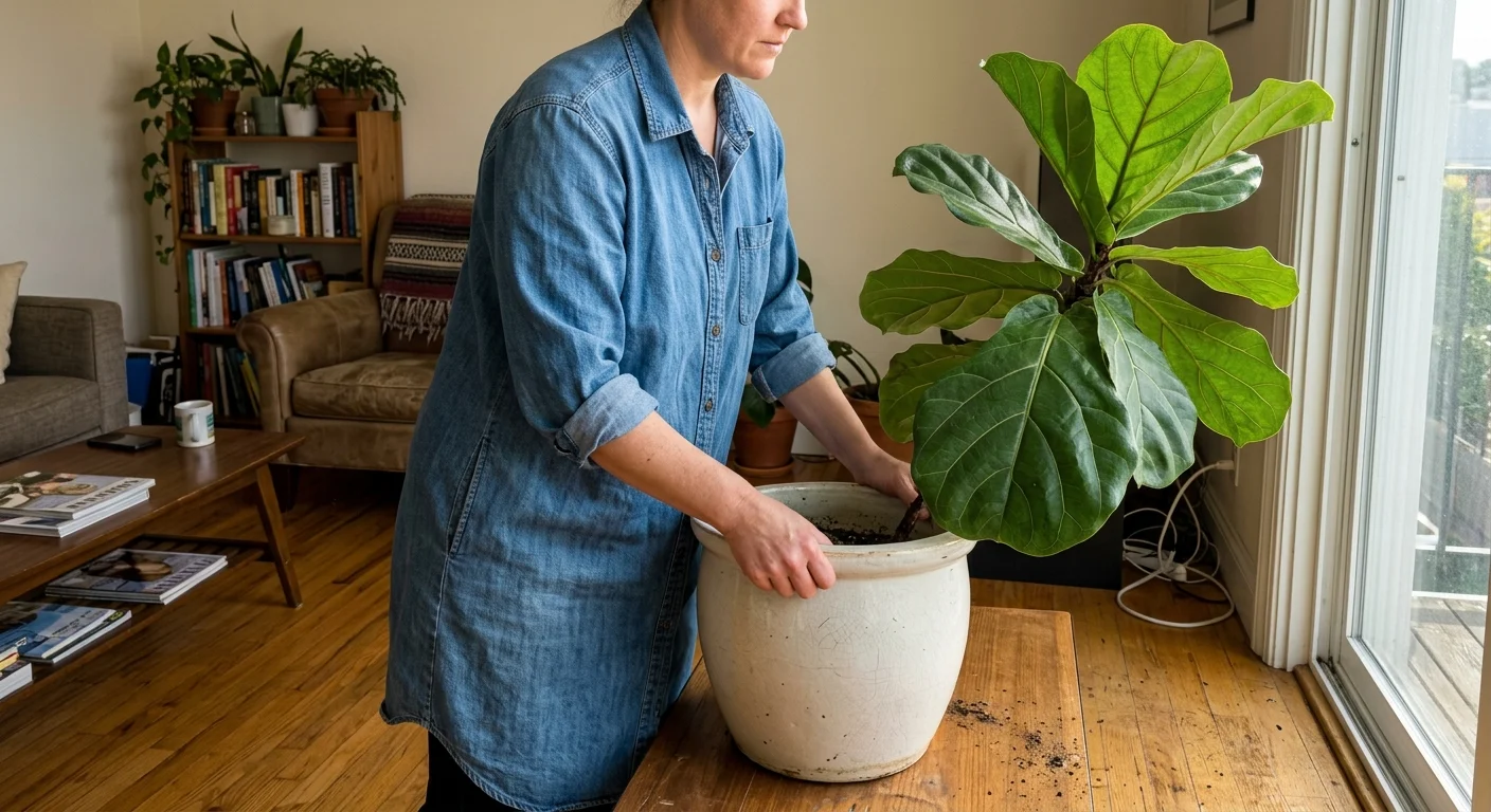 A woman in a denim shirt rotating a large potted fiddle-leaf fig plant beside a sunny window.