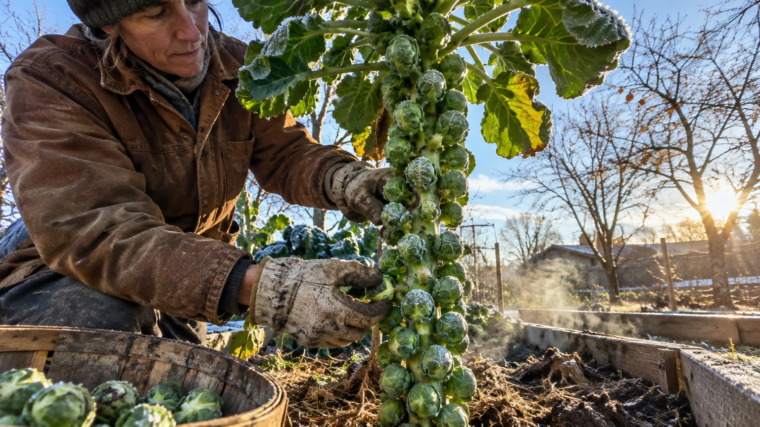 A gardener harvests frost-covered Brussels sprouts from a tall garden stalk into a wooden basket on a sunny morning.