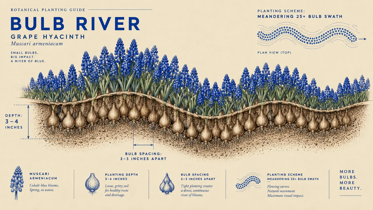 Botanical guide diagram showing grape hyacinth bulbs planted underground beneath a continuous wave of blue flowers.