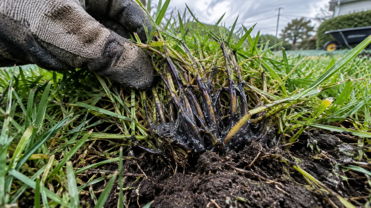 A gloved hand lifts a clump of lawn grass coated in thick, glossy black slime around the base of the stems.