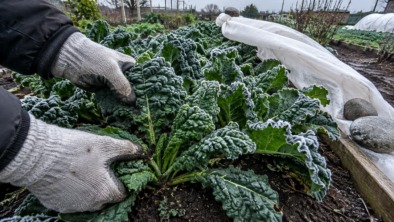 Gloved hands harvesting crinkled, frost-covered green kale or savoy leaves from a raised garden bed beside row cover fabric.