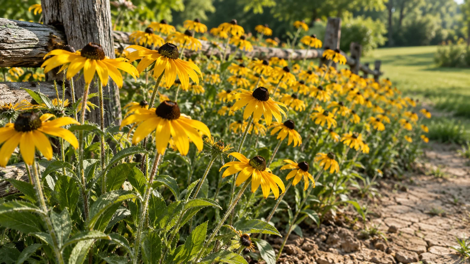 Blooming yellow black-eyed Susan flowers lining a rustic wooden split-rail fence along cracked, dry dirt ground.