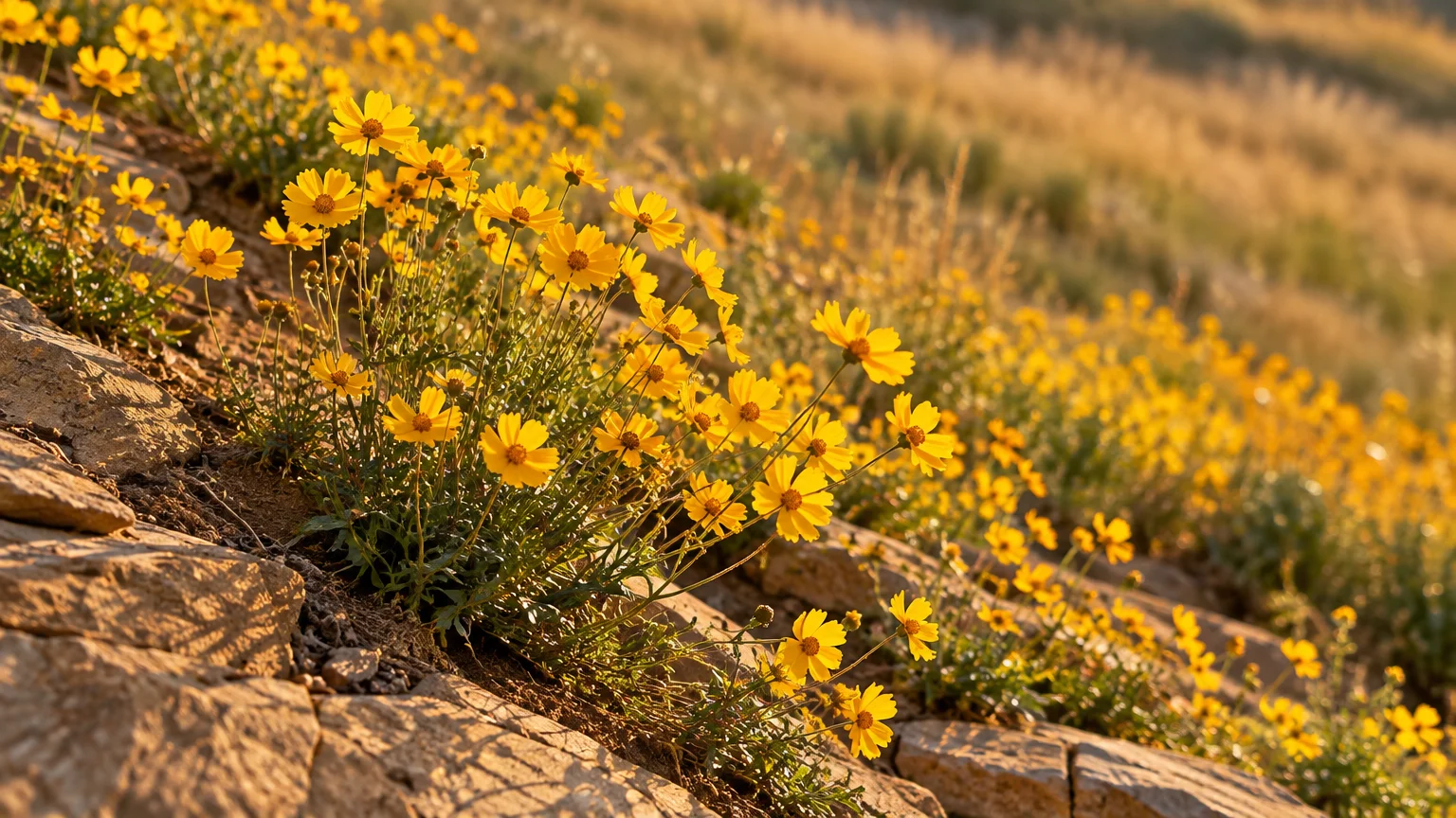 Bright yellow coreopsis flowers blooming among dry, rocky stones along a sunlit hillside.