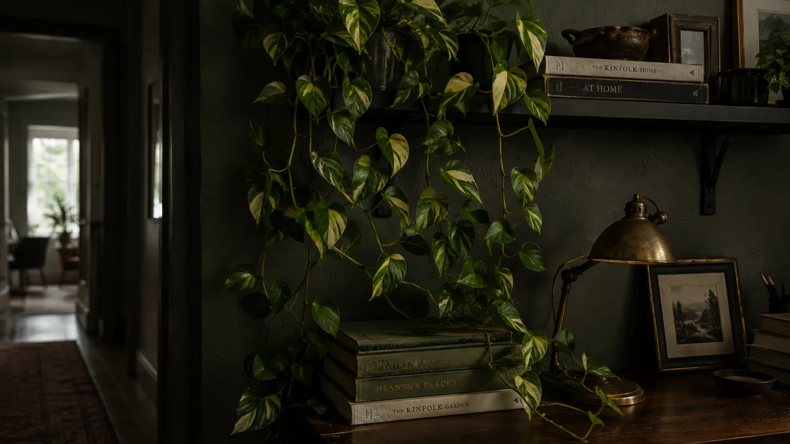 Variegated golden pothos trailing from a dark shelf over stacked books and a brass lamp in a dimly lit room.
