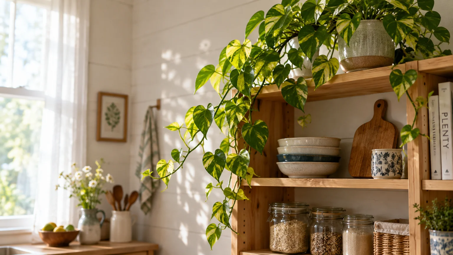 Potted golden pothos vine with variegated leaves trailing down a wooden shelf in a sunlit kitchen.