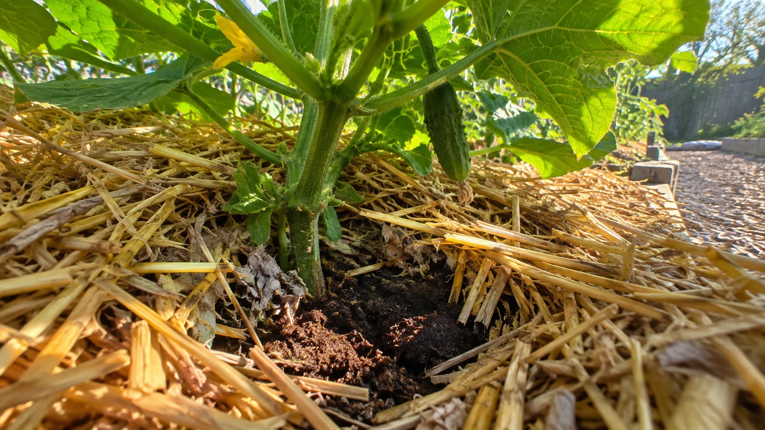 Base of a cucumber vine growing in soil surrounded by a thick layer of straw mulch in a garden.