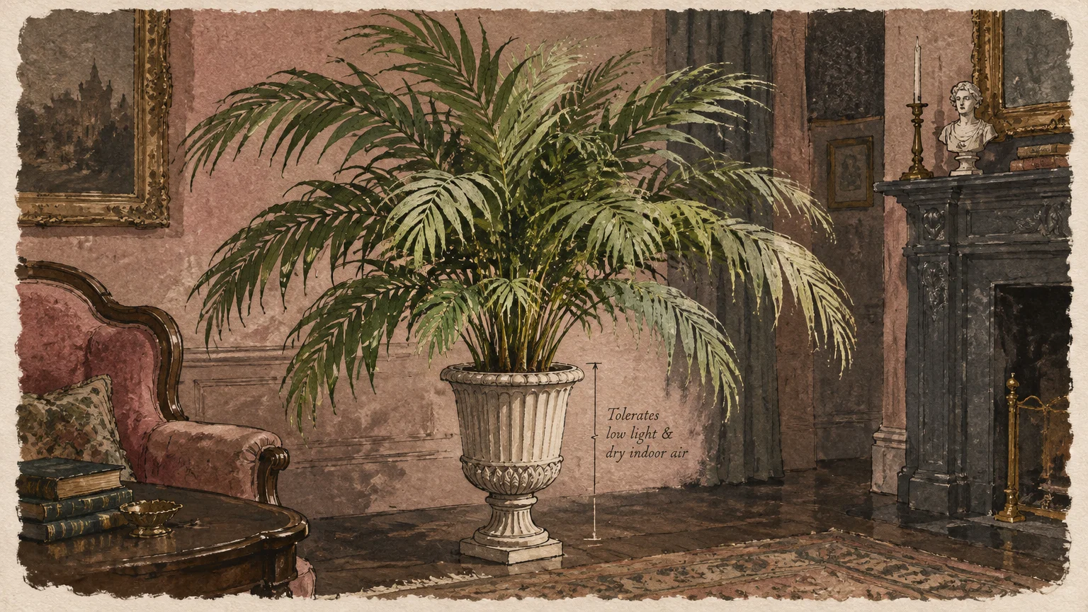 Illustration of a parlor palm in an ornate classical urn beside a fireplace in a vintage Victorian sitting room.