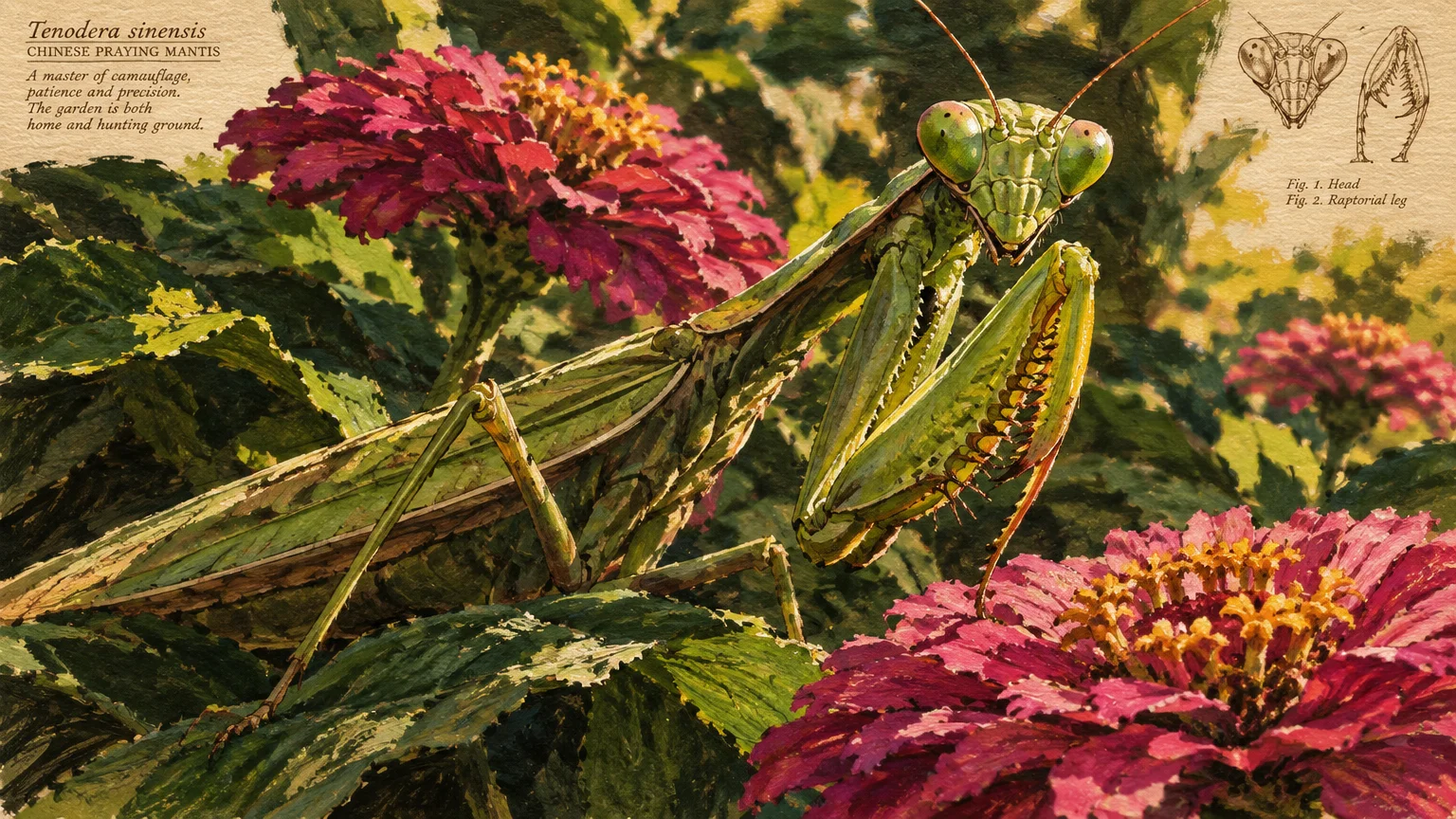 Botanical illustration of a green praying mantis perched among leaves beside pink flowers with anatomical sketches.