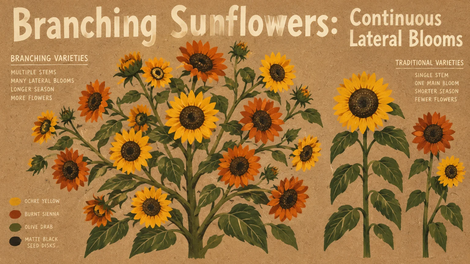 Illustrated comparison of a multi-stem branching sunflower bush alongside single-stem traditional sunflowers on craft paper.