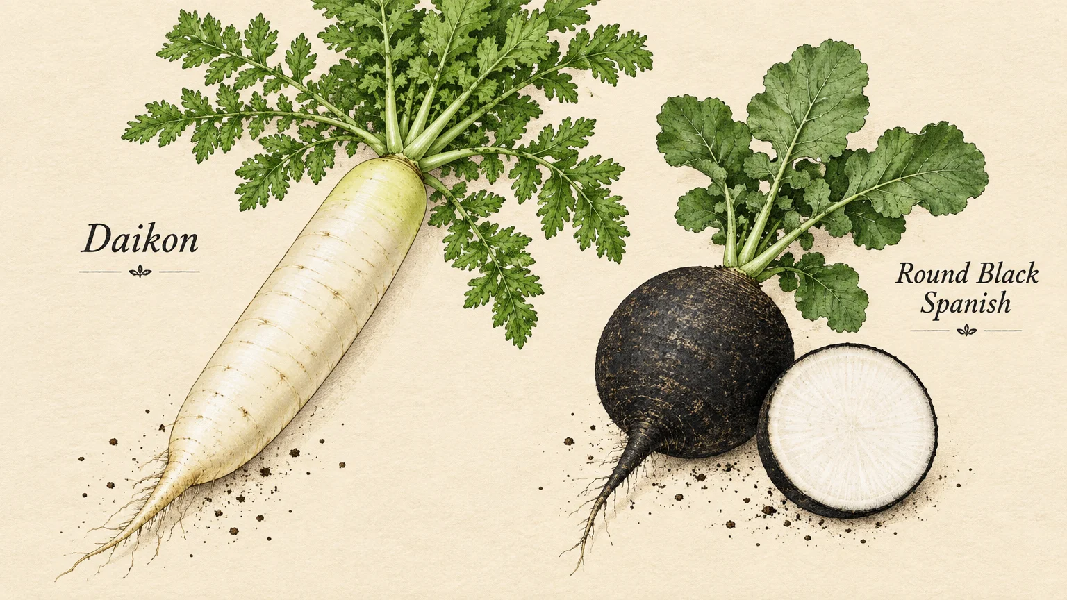 Botanical illustration of a long white daikon radish and a round black Spanish radish with a sliced cross-section.