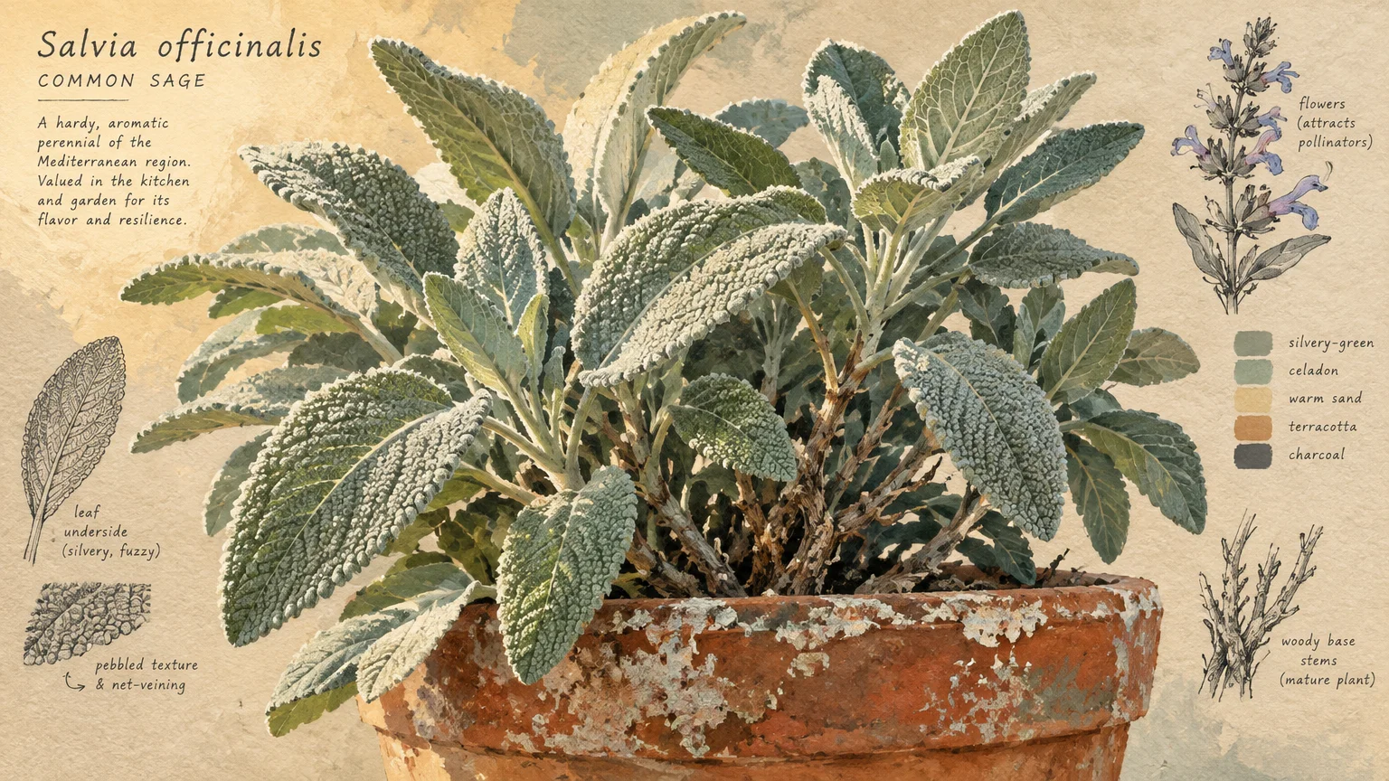 Botanical illustration of a potted sage plant with textured silvery-green leaves, botanical sketches, and color swatches.