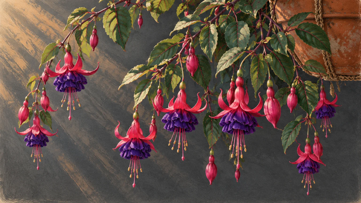 Illustration of blooming magenta and purple fuchsia flowers cascading from a hanging terracotta pot against a dark background.