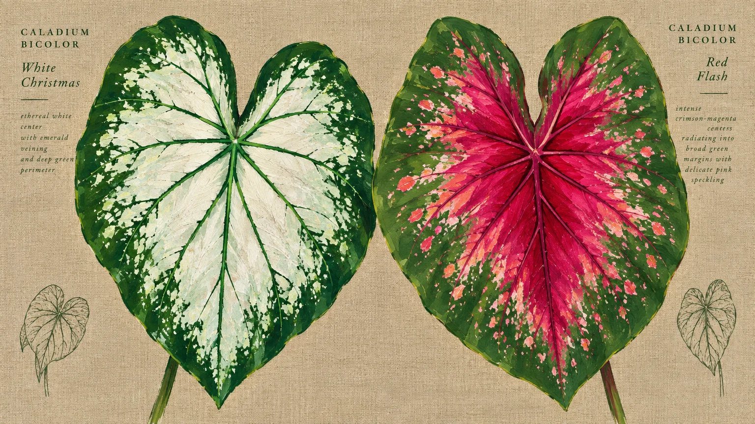 Botanical illustration of two heart-shaped caladium leaves, one white with green veins and one bright pink and green.