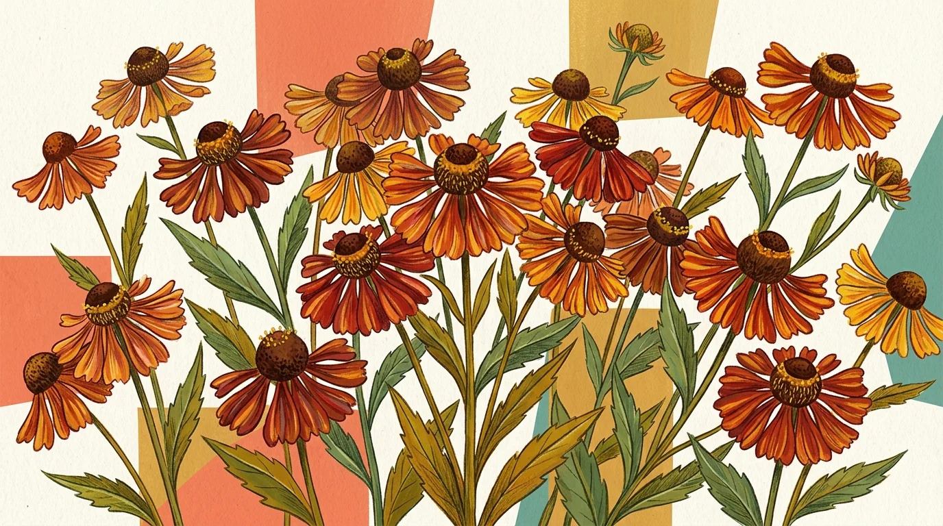 Illustration of blooming sneezeweed flowers in shades of orange, yellow, and red with green leaves on a retro background.