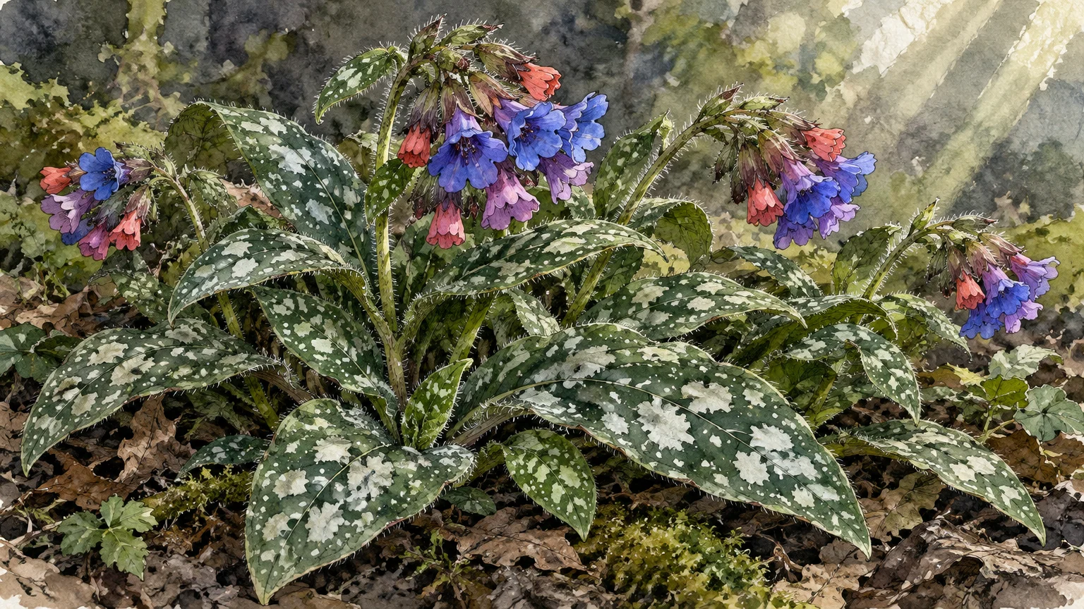 Botanical watercolor illustration of a lungwort plant with pink and blue blossoms and silver-speckled green leaves.