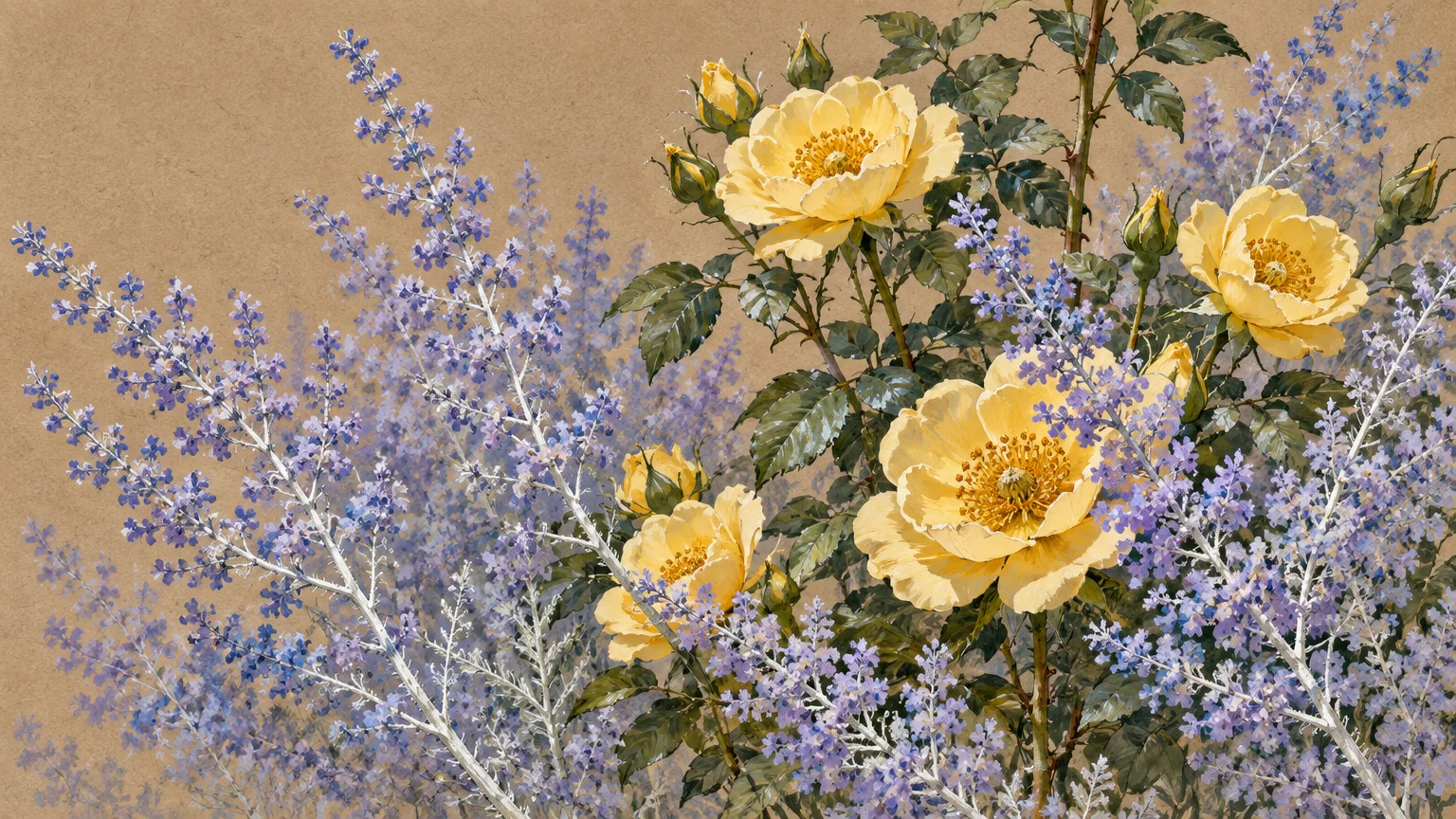 Illustration of yellow rose blossoms mixed with lavender-blue Russian sage flowers and silver-white stems on tan paper.