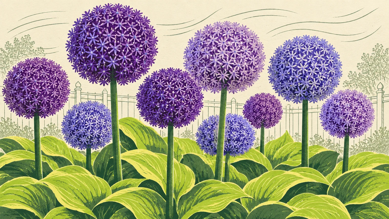 Stylized illustration of tall purple spherical allium flower heads rising above lush green hosta foliage along a fence.