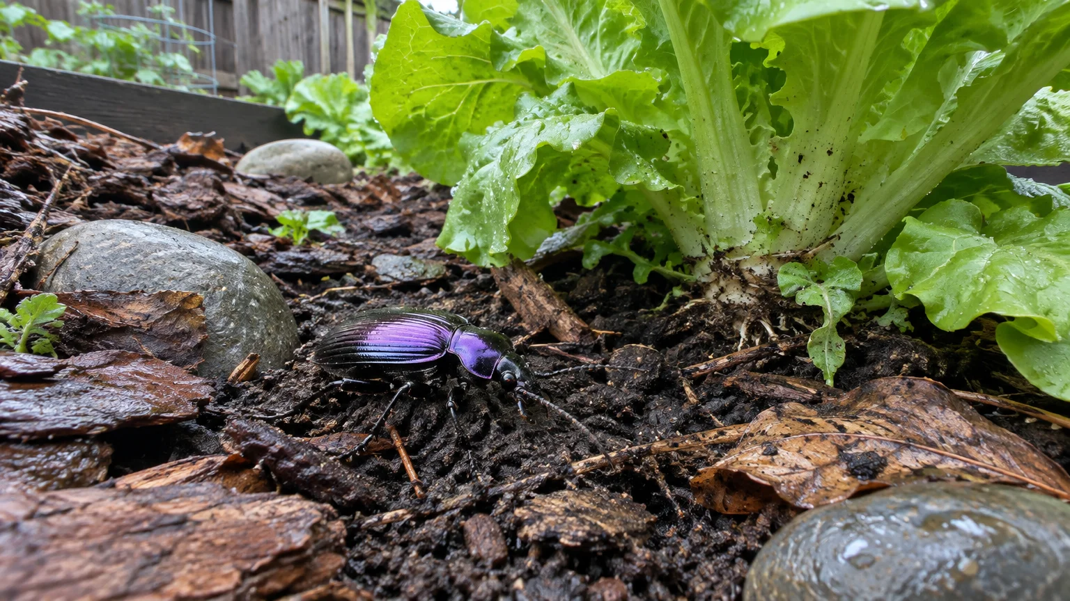 A shiny purple ground beetle crawls across wood mulch and dark soil beneath green lettuce leaves in a garden.