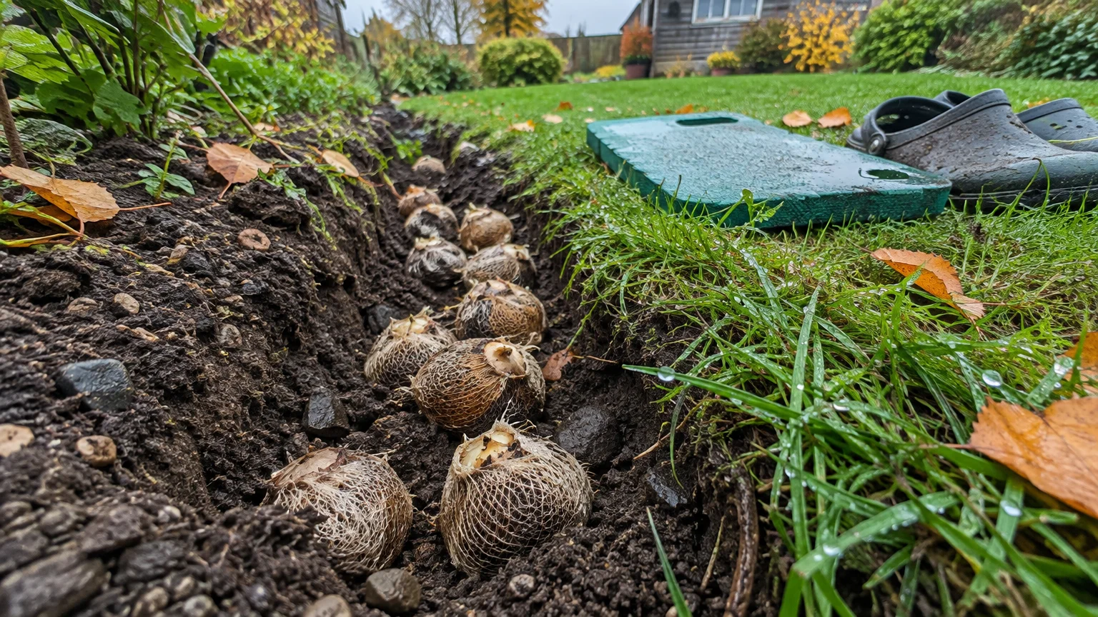 Flower bulbs lined up in a dug trench along a green lawn beside a kneeling pad and gardening clogs.