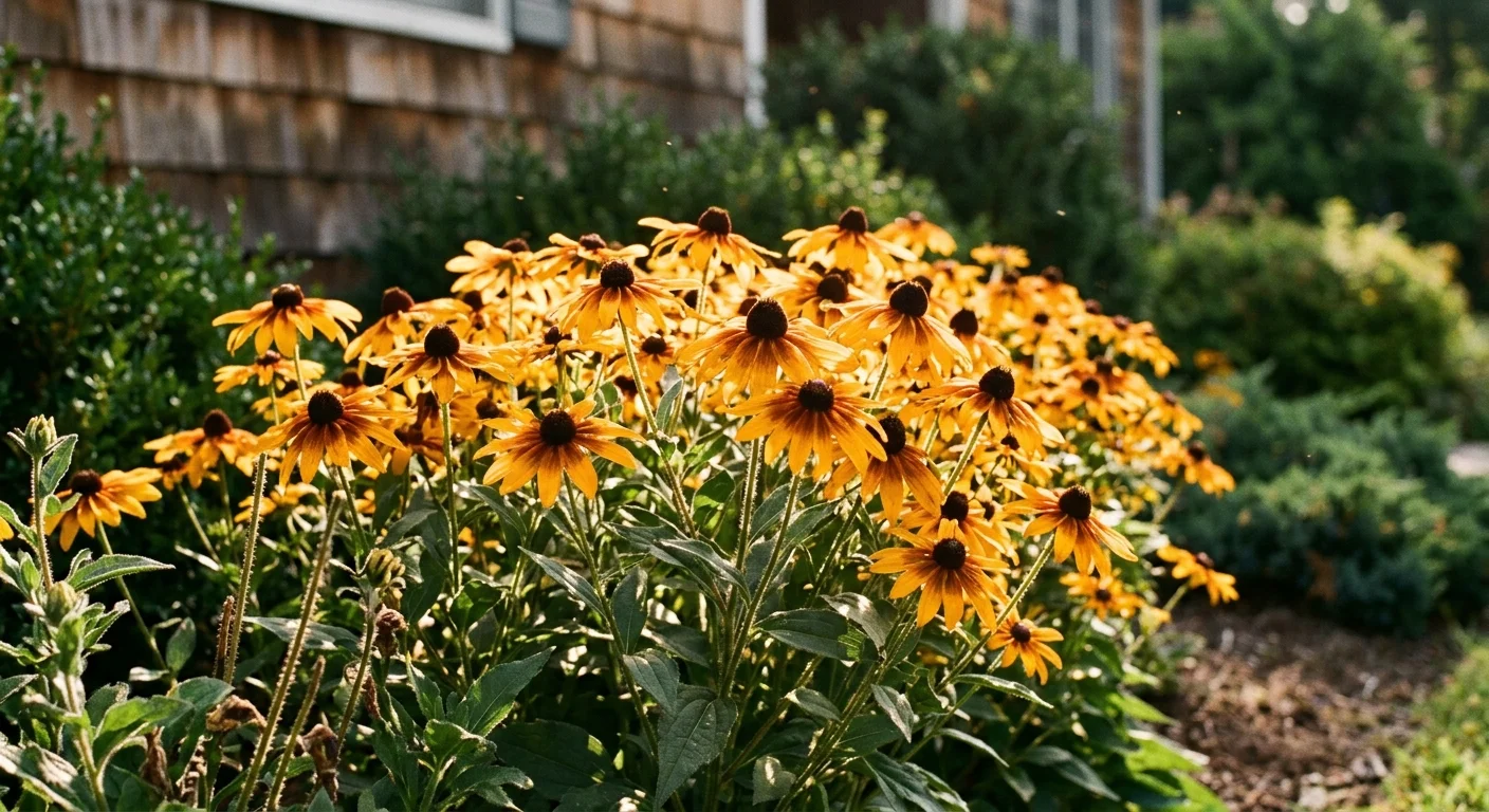 A dense patch of blooming black-eyed Susan flowers with yellow petals and dark brown centers in a garden bed.