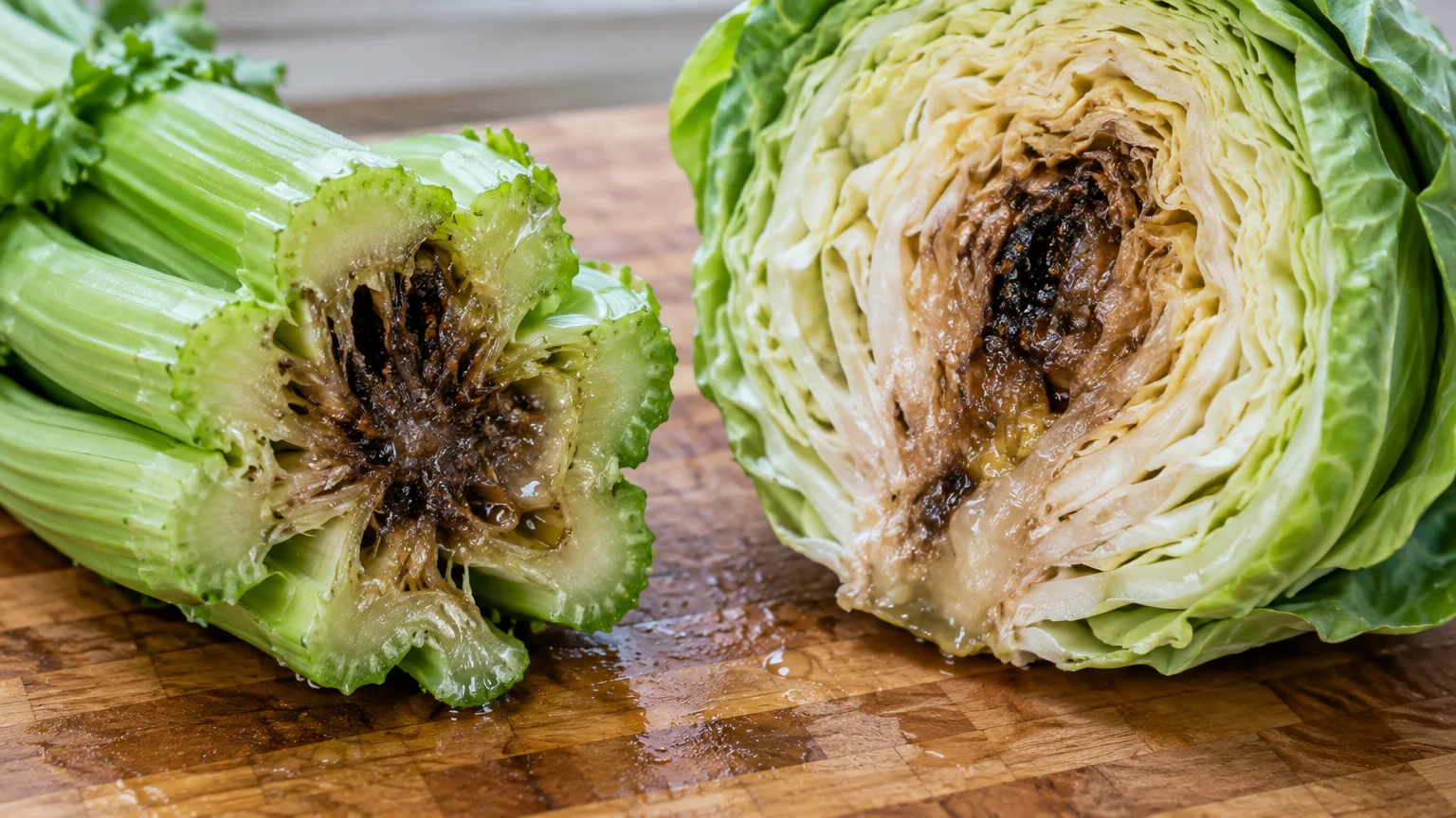 Cut celery base and halved cabbage head showing brown, rotting centers on a wooden cutting board.