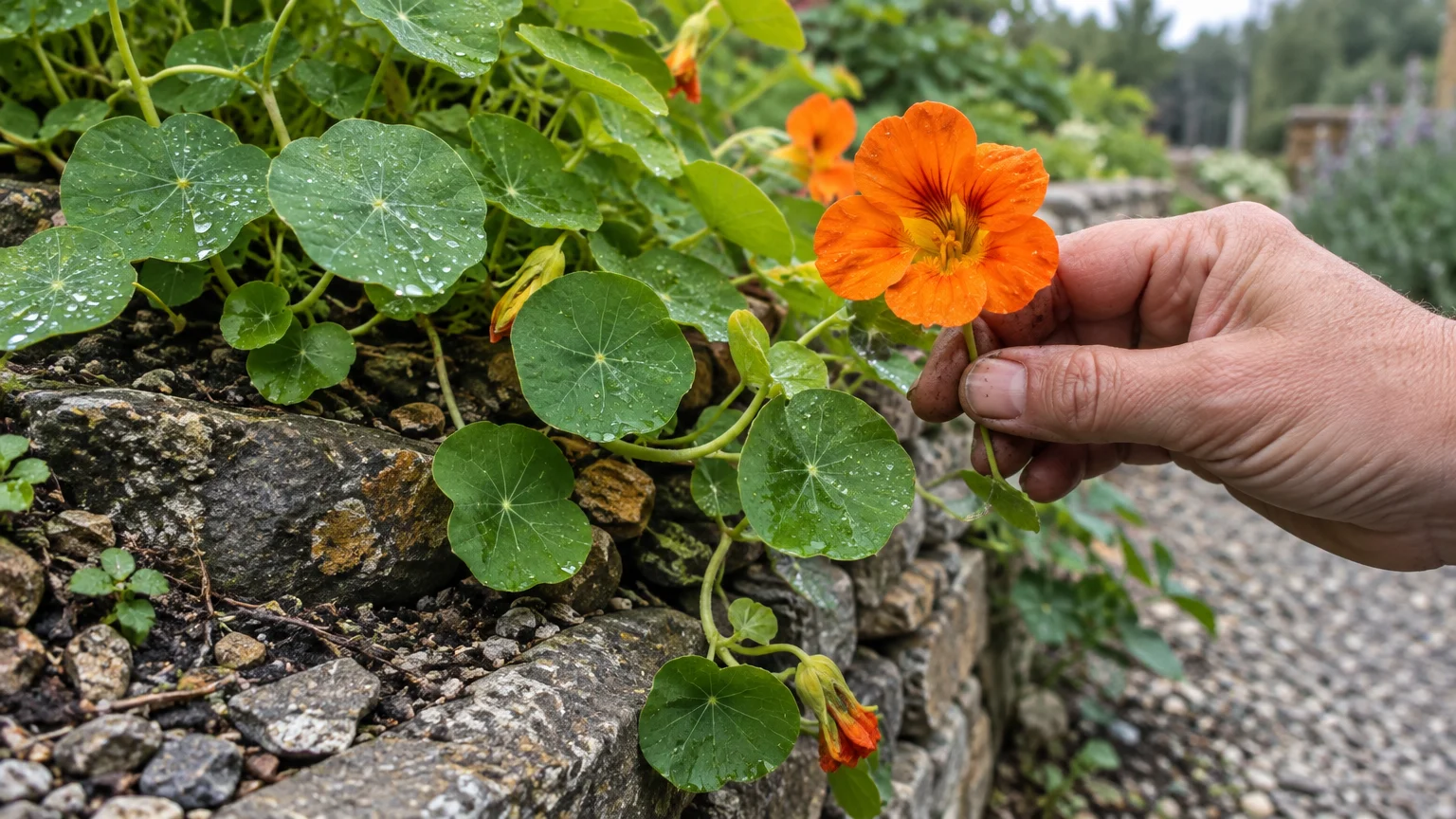 A hand picks an orange nasturtium blossom growing alongside round green leaves on a rocky stone wall.